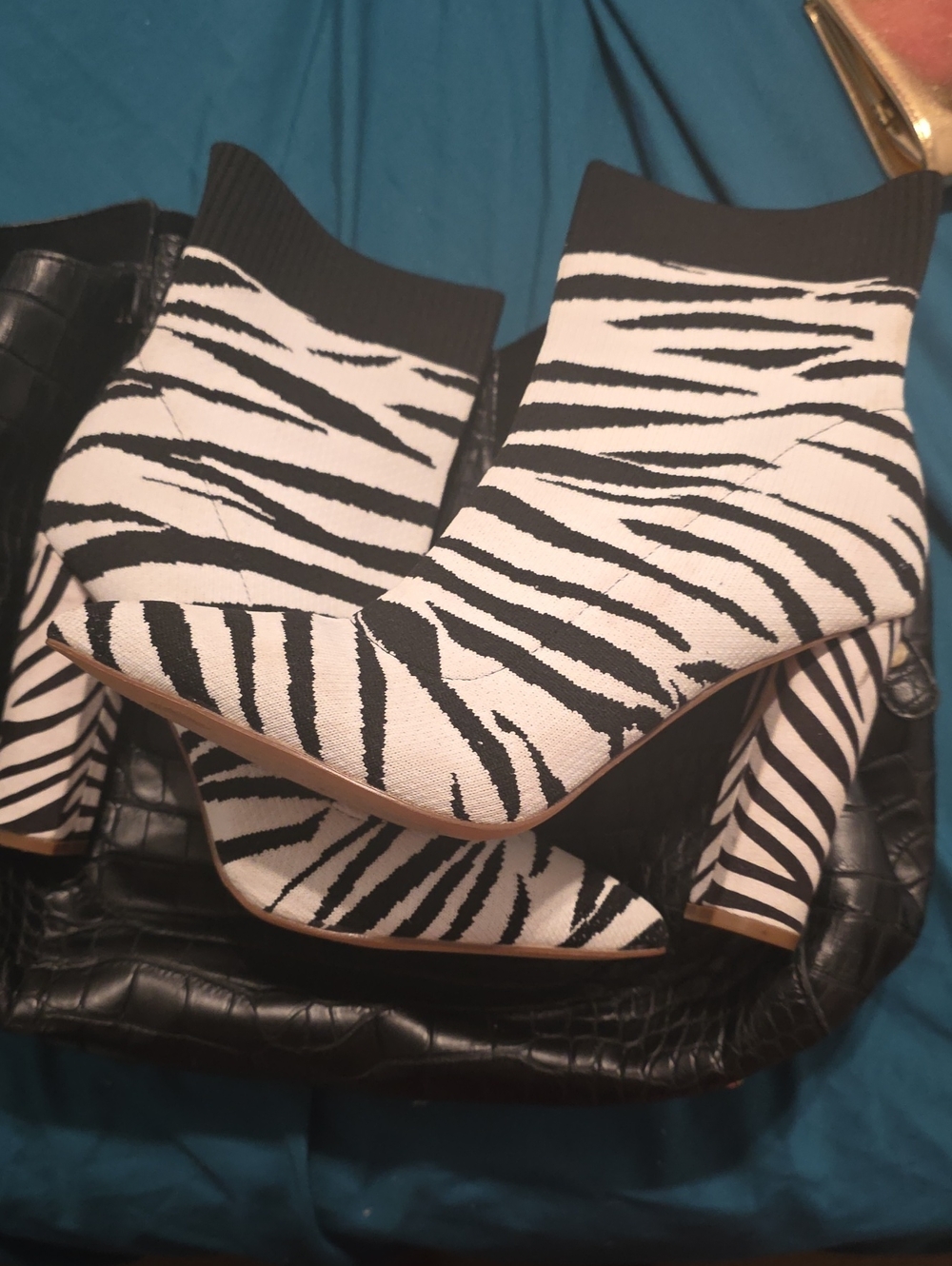 Liliana Black & White Zebra Print Stretch Knit Ankle Booties